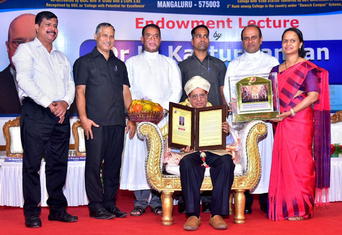 ISRO former chairman Dr K Kasturirangan was felicitated at an endowment lecture programme at St Aloysius College in Mangaluru on Wednesday.