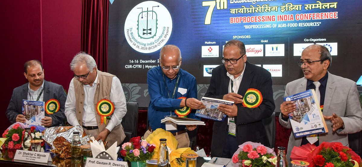 Dignitaries release a souvenir during inaugural ceremony of the seventh Bioprocessing India Conference at Central Food Technological Research Institute in Mysuru on Saturday. Director General (DG), the Council for Scientific and Industrial Research (CSIR)