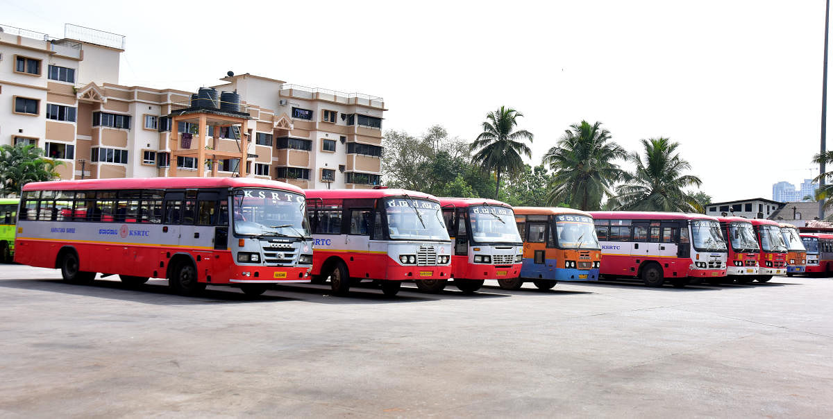 KSRTC buses parked at the bus stand at Bejai in Mangaluru.