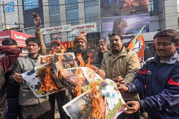 Youth BJP activists protest against Bollywood actress Deepika Padukone and her film 'Chhapaak', in Patna, Saturday, Jan. 11, 2020. (PTI Photo)
