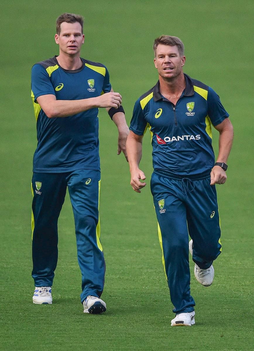 Mumbai: Australian cricketer Steve Smith along with David Warner during a practice session in Mumbai. (PTI Photo)