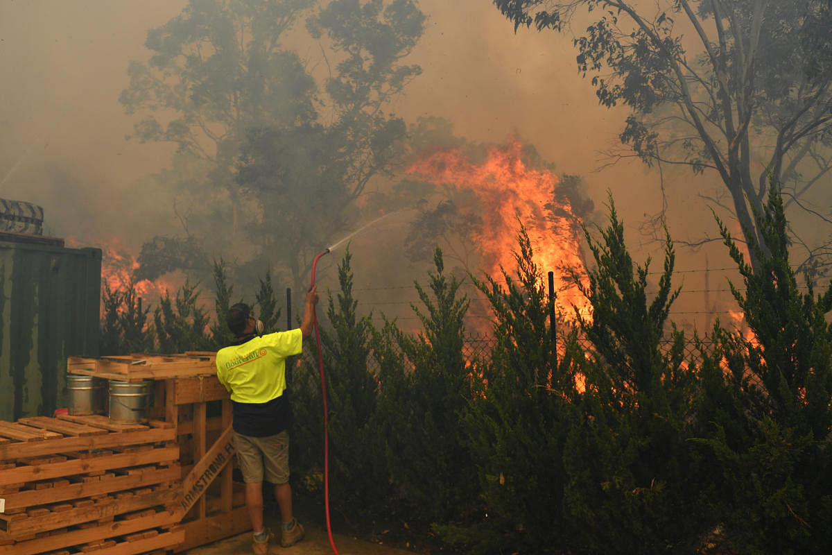 A worker tries to put out a bushfire behind a row of factories near West Queanbeyan, Australia. (Reuters Photo)