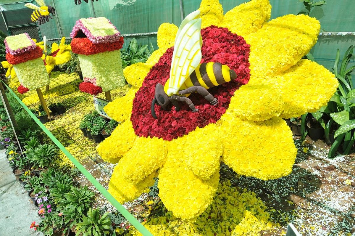 An art work on a bee collecting nectar from a flower was a centre of attraction at the flower exhibition in Chikkamagaluru.