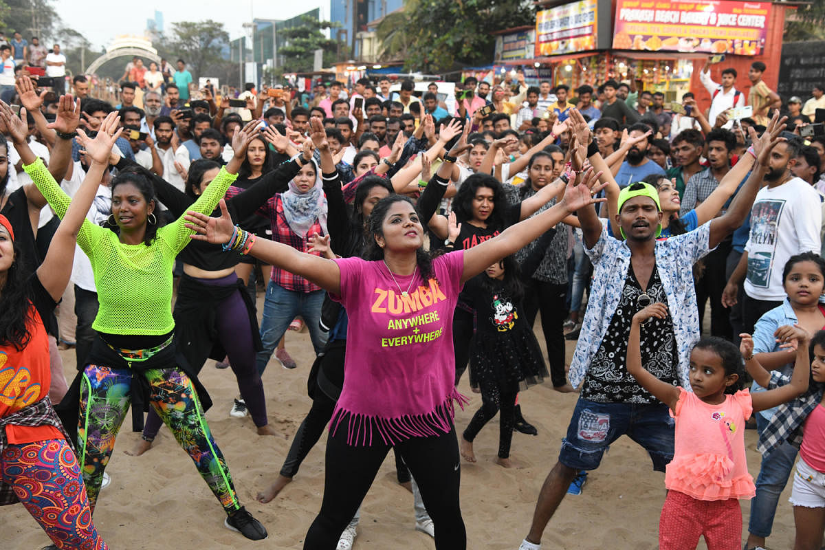 Participants at the Beach Zumba event organised at Panambur recently.