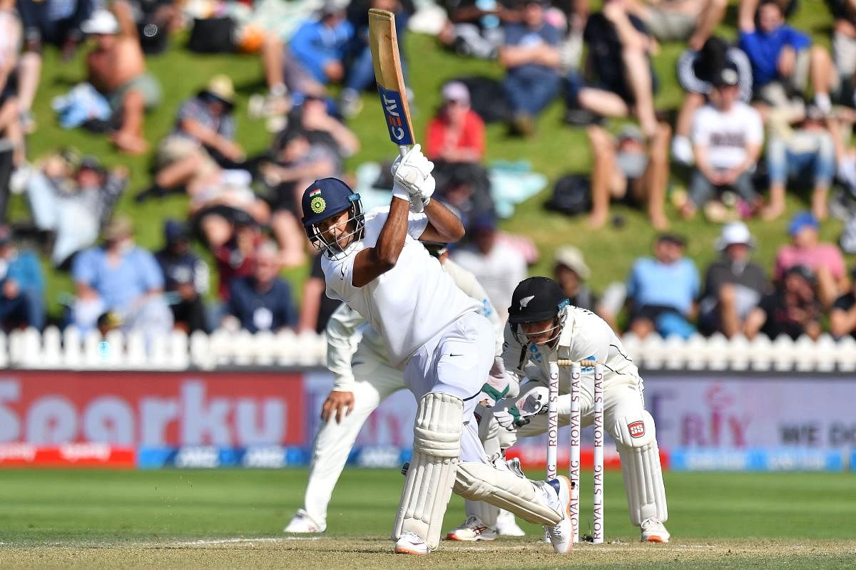 India's Mayank Agarwal plays a shot during day three of the first Test cricket match between New Zealand and India at the Basin Reserve in Wellington on February 23, 2020. (Photo by AFP)