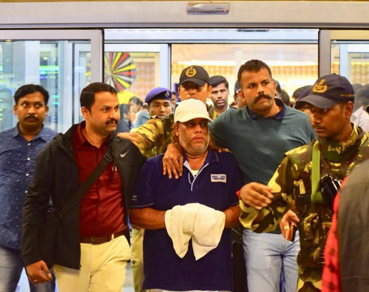Ravi Pujari at Bengaluru airport on Monday. DH PHOTO