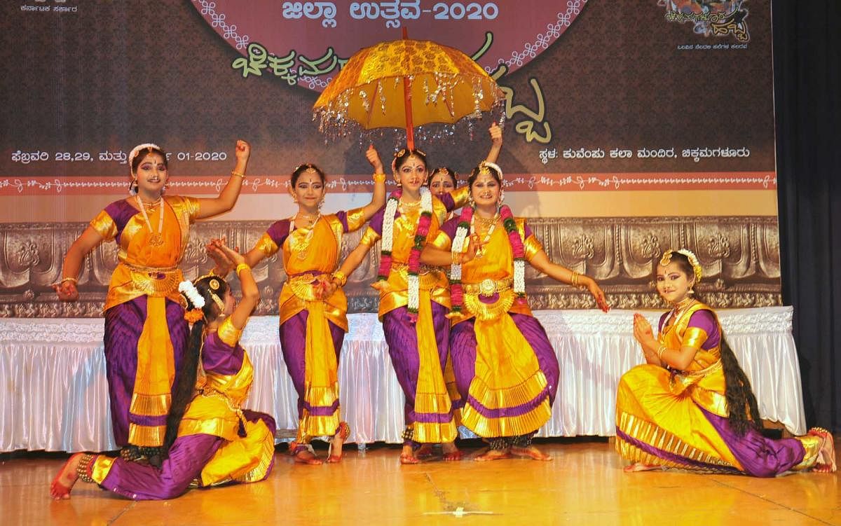 Artistes from Nadabrahma team of Koppa present a dance during Nrithyotsava held at Chikkamagaluru.