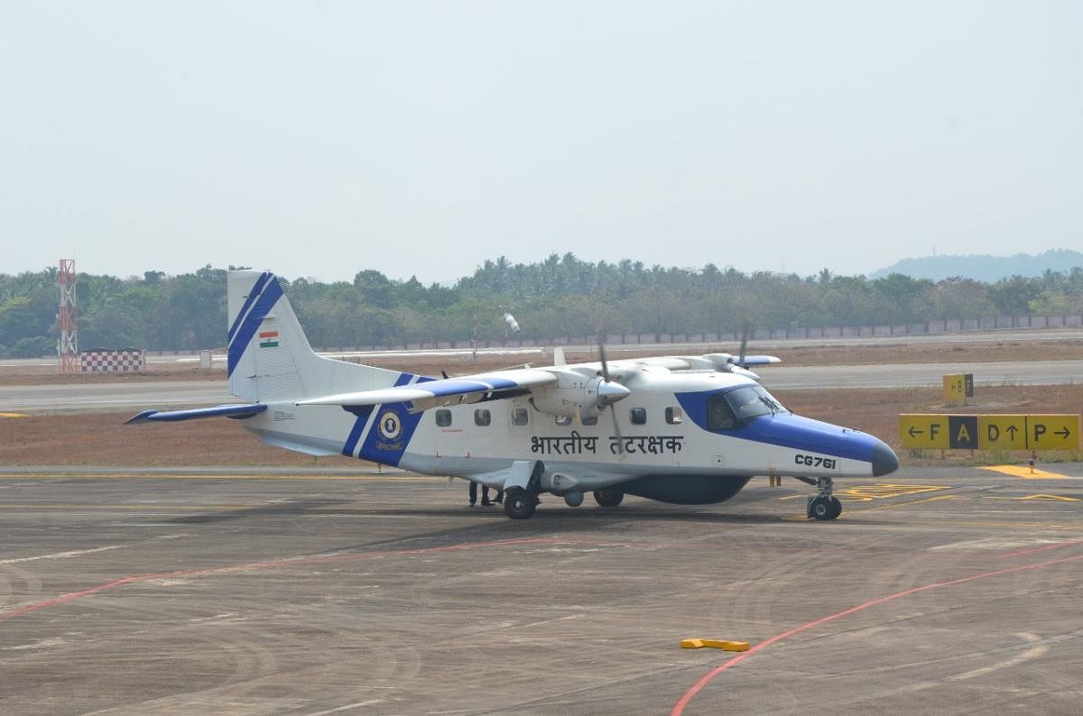 The HAL-built indigenous Maritime Surveillance version multi-role Dornier 228 Short Range Maritime reconnaissance aircraft at Mangaluru Airport on Monday.