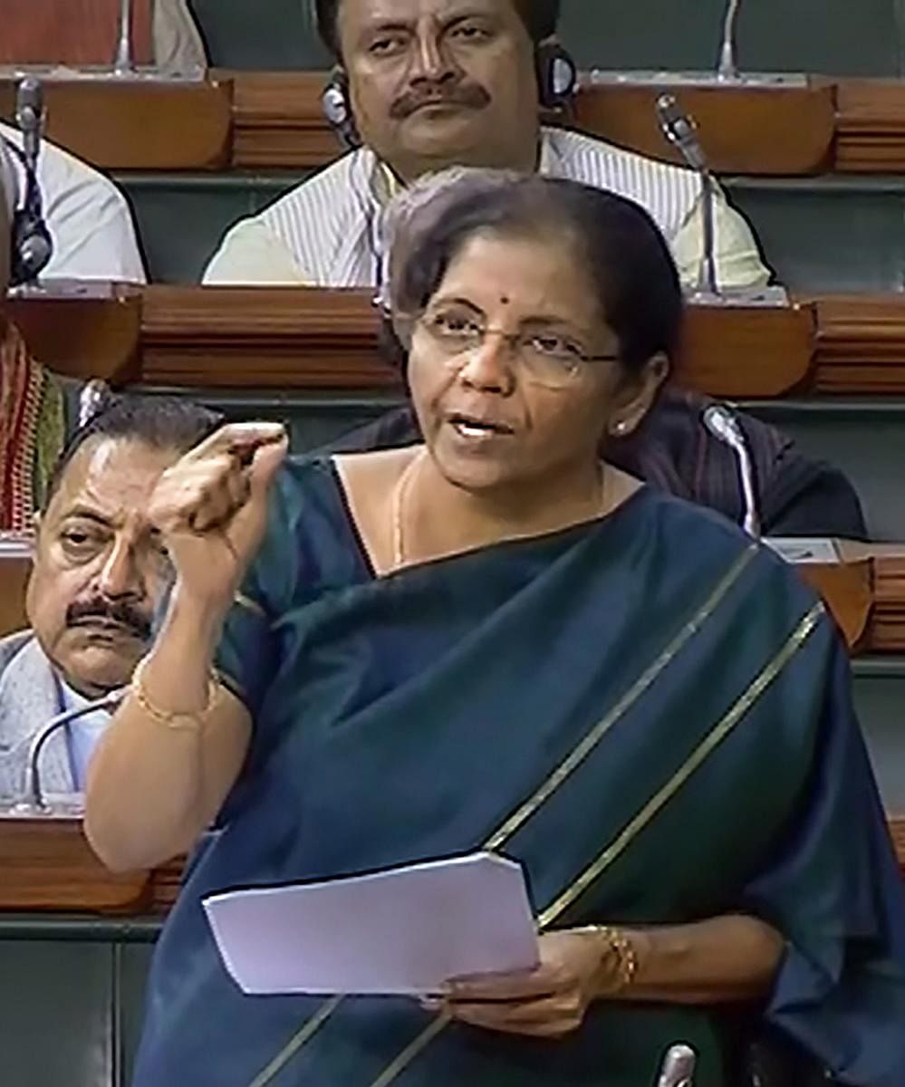 Finance Minister Nirmala Sitharaman speaks at Lok Sabha during the ongoing budget session of Parliament, in New Delhi, Wednesday, March 18, 2020. (LSTV/PTI Photo)