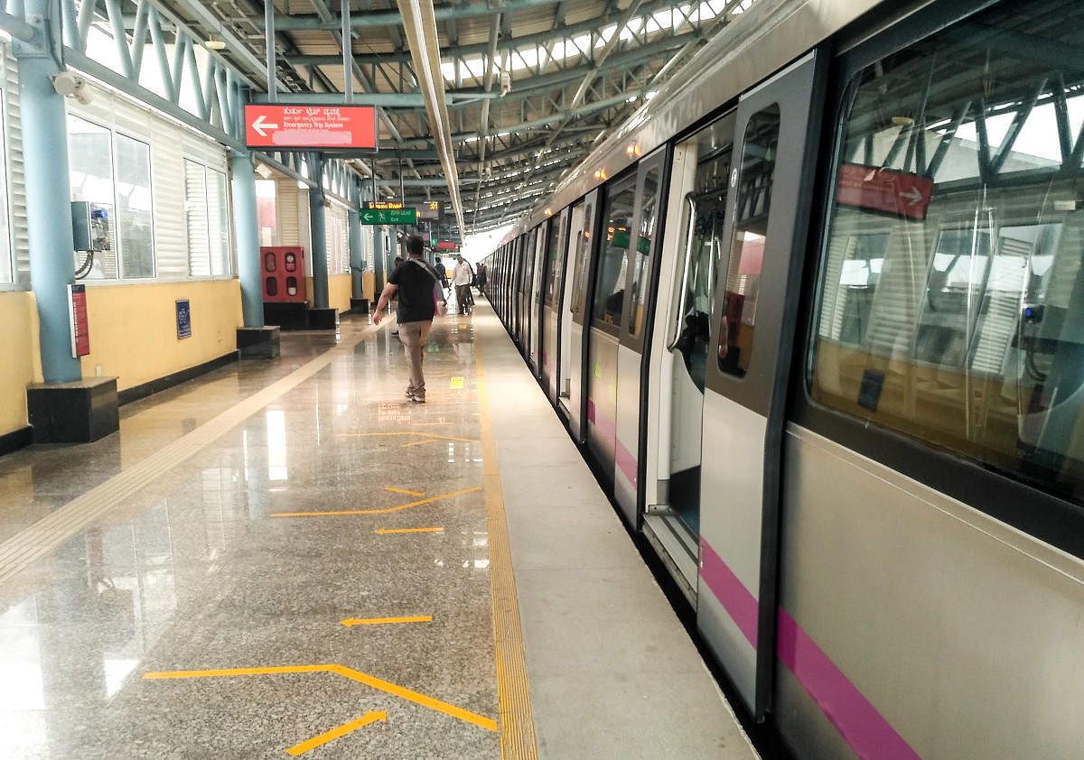 The Attiguppe metro station looks almost deserted over Covid-19 on Friday. DH PHOTO/IRSHAD MAHAMMAD