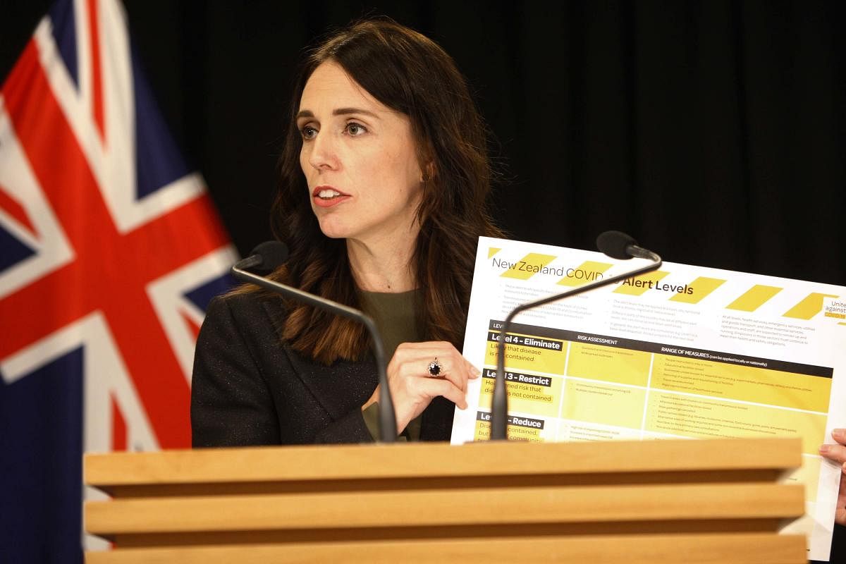 New Zealand Prime Minister Jacinda Ardern holds up a card showing a new alert system for COVID-19, in Wellington, New Zealand. AP PTI