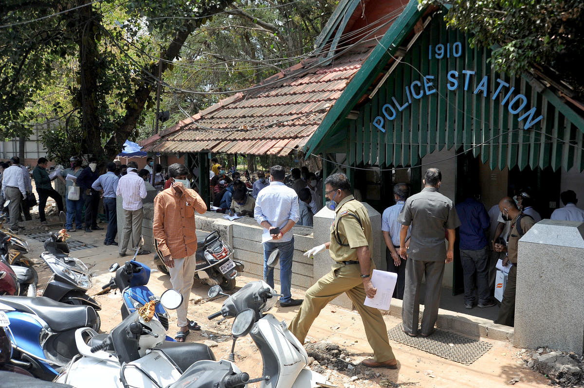 Cubbon Park police station is one of eight places where police are issuing curfew passes from Thursday. DH PHOTO BY Pushkar V