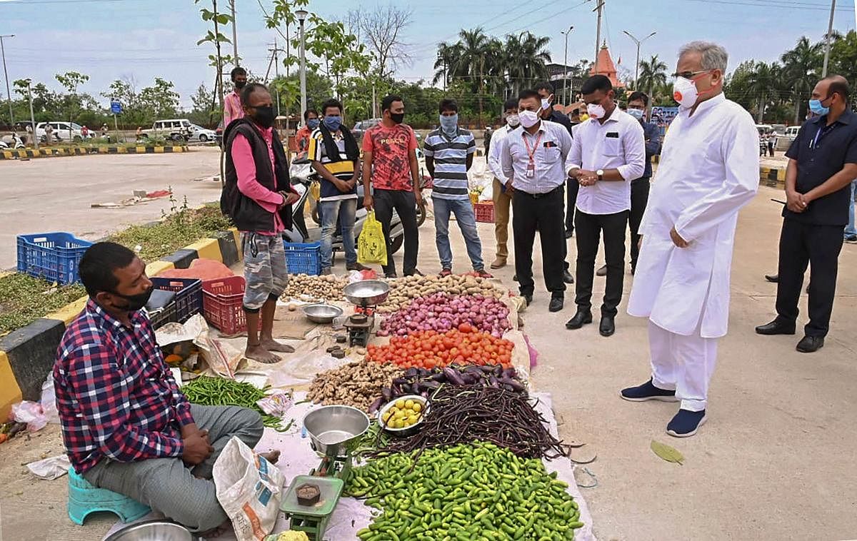 Chhattisgarh Chief Minister Bhupesh Baghel take stock of situation during a nationwide lockdown, imposed in the wake of deadly coronavirus, in Raipur. (PTI Photo)