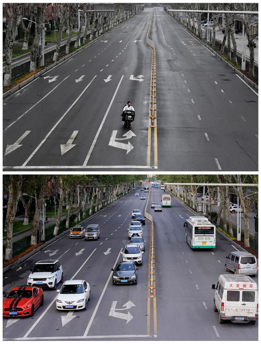 A combination picture shows people riding an electric bike on a road in Wuhan, Hubei province, the epicentre of China's novel coronavirus disease (COVID-19) outbreak, March 3, 2020 (top) and vehicles driving on the road after the lockdown was lifted, April 9, 2020. (Reuters Photo)