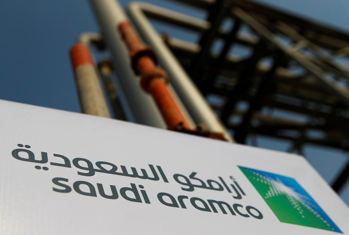 Saudi Aramco logo is pictured at the oil facility in Abqaiq, Saudi Arabia. Credit: Reuters Photo