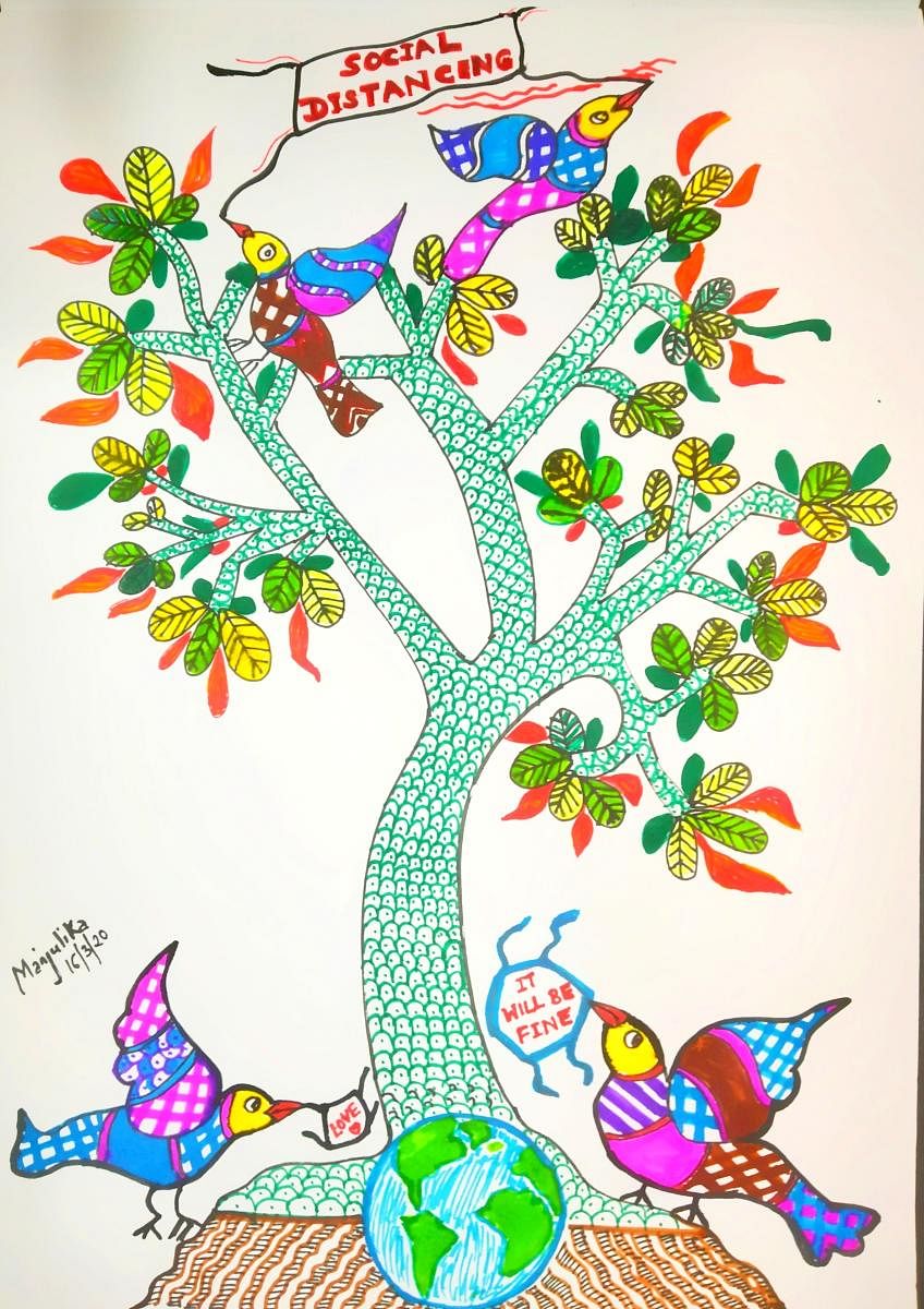 Social distancing is shown through Gond art. Illustrations by author