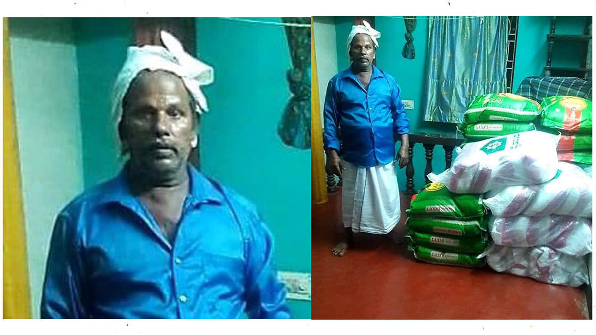 Farm labourer Abdurrahman of Goodinabali in Bantwal taluk, with the food grains to be disbursed to the needy.
