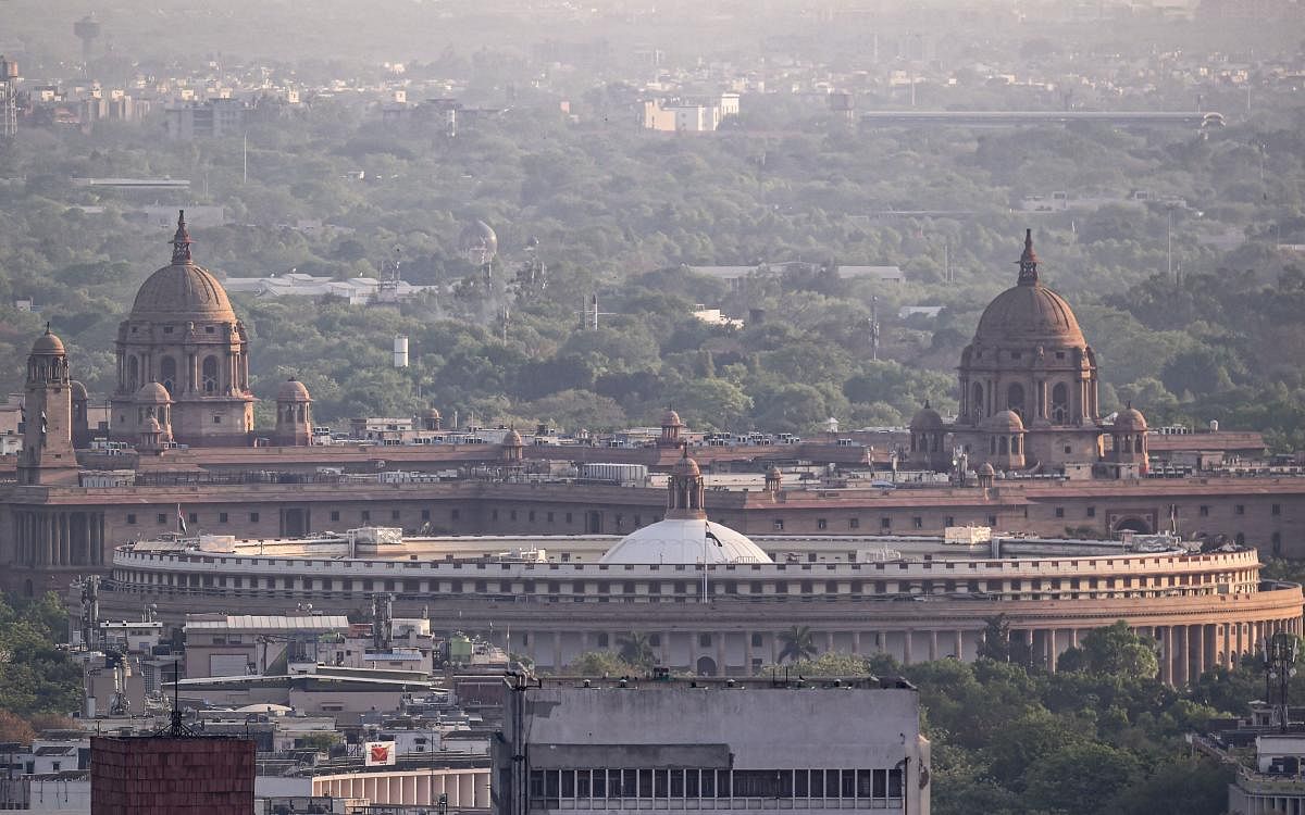 A view of Parliament House and North and South block during a nationwide lockdown imposed in the wake of coronavirus pandemic, in New Delhi. (PTI Photo)