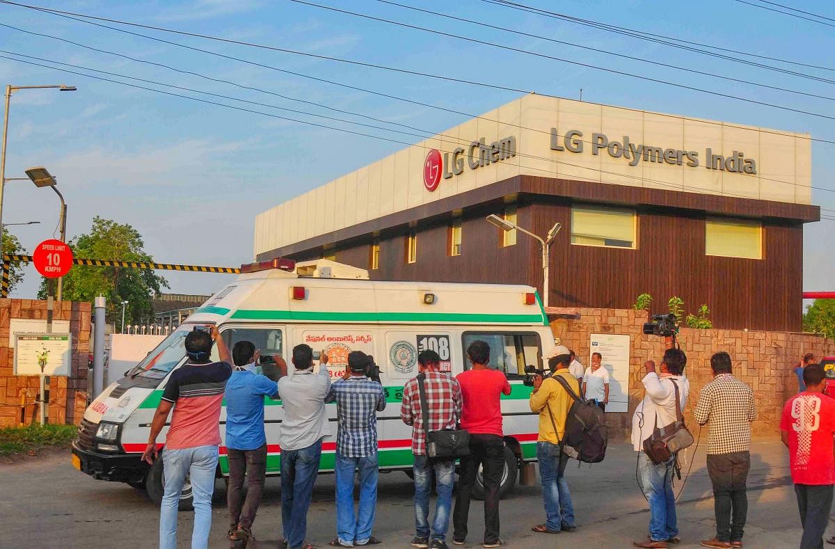 An ambulance carries people affected by styrene vapour leak from a polymer plant to a hospital from LG Polymers chemical plant, in Visakhapatnam, Thursday, May 7, 2020. So far 11 have people have died and thousand others exposed to the gas. (PTI Photo)