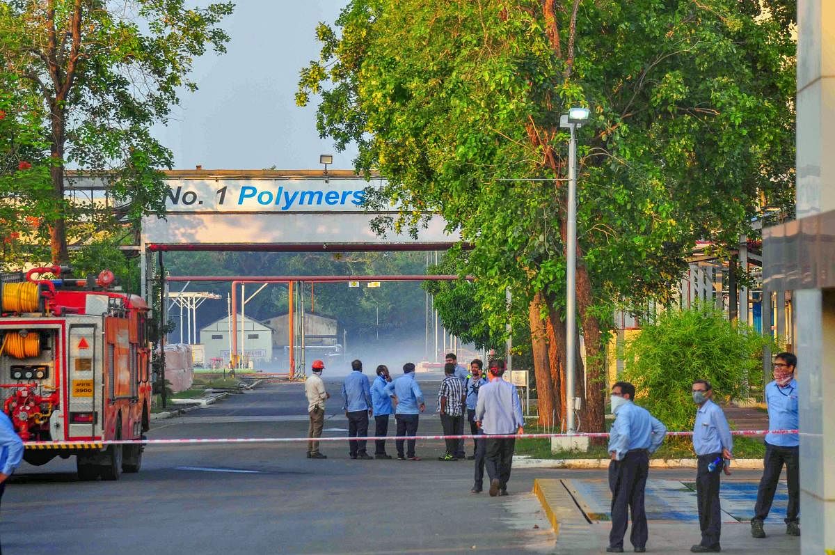 Firefighters stand outside the LG Polymers industry after a major chemical gas leak, in RR Venkatapuram village, Visakhapatnam, Thursday, May 07, 2020. So far 11 people have died and 1,000 others exposed to the gas leak. (PTI Photo)