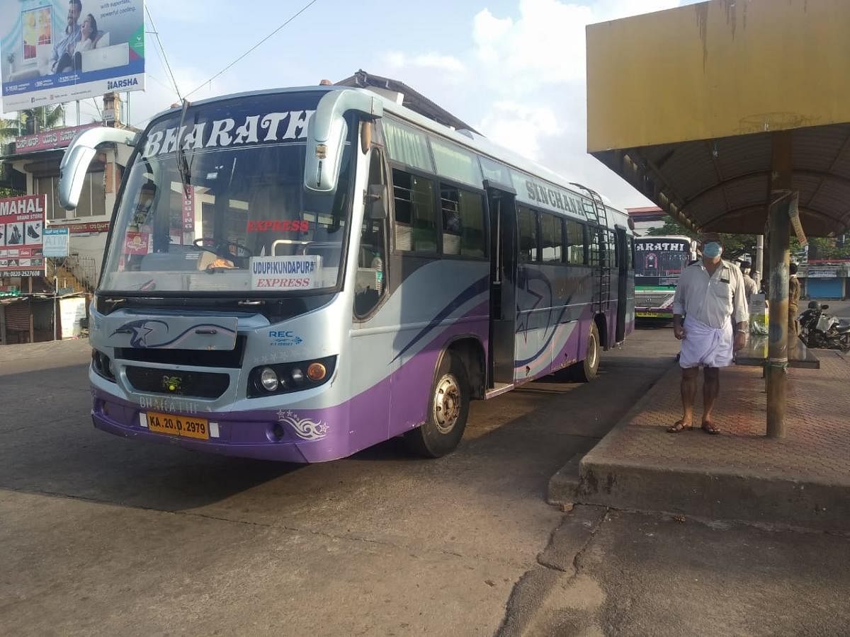 Private bus ready to ferry passengers in Udupi.