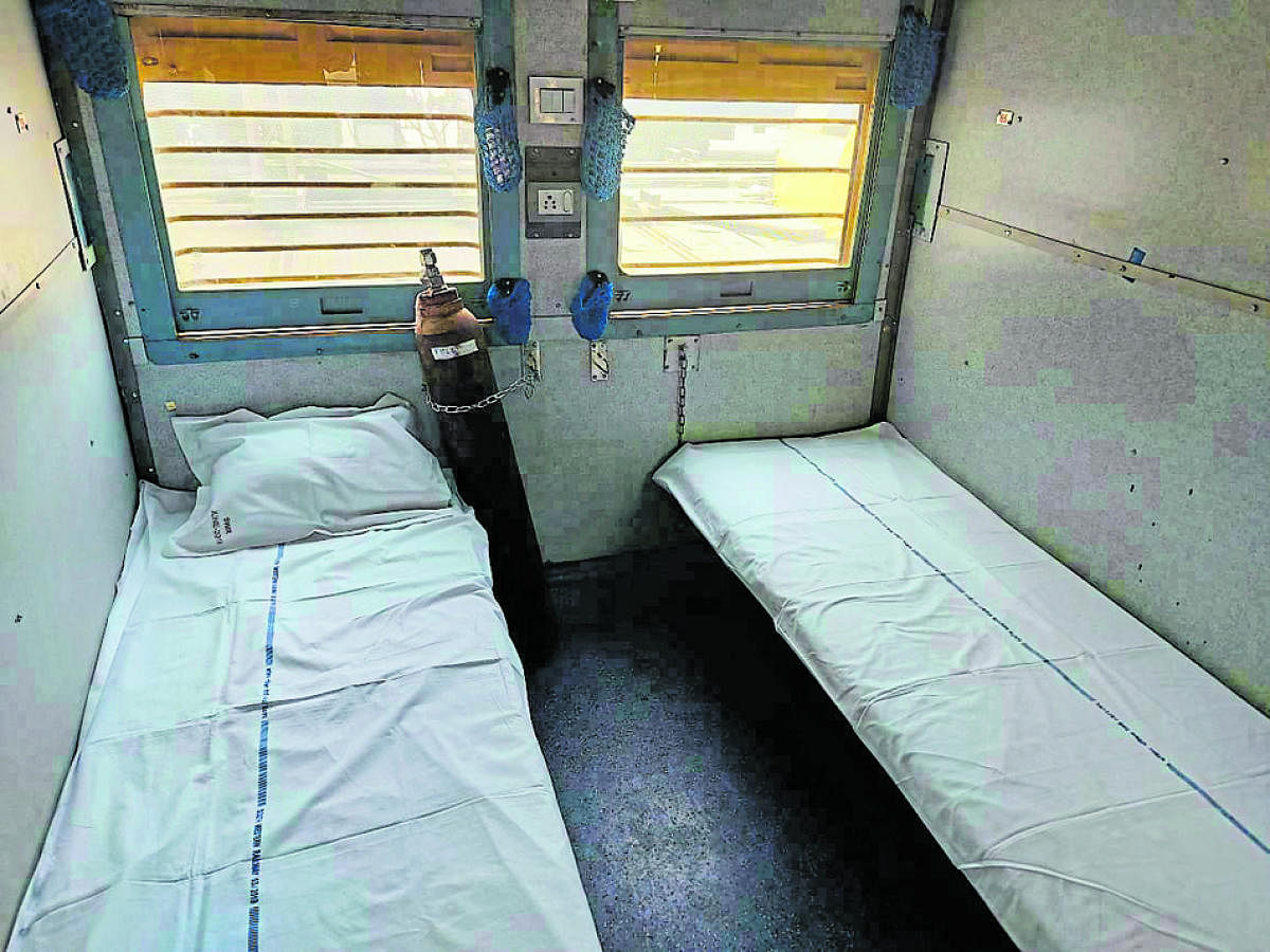 The interior of a railway coach turned into isolation ward.