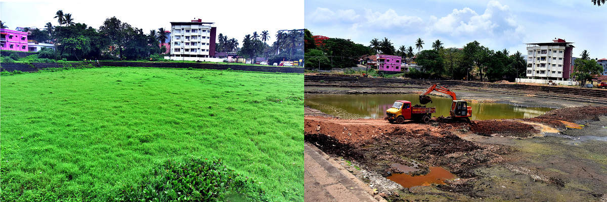 (From left) A view of Gujjarakere infested with weeds before the rejuvenation work. The work on desilting of the Gujjarakere in progress. DH photos/Govindraj Javali