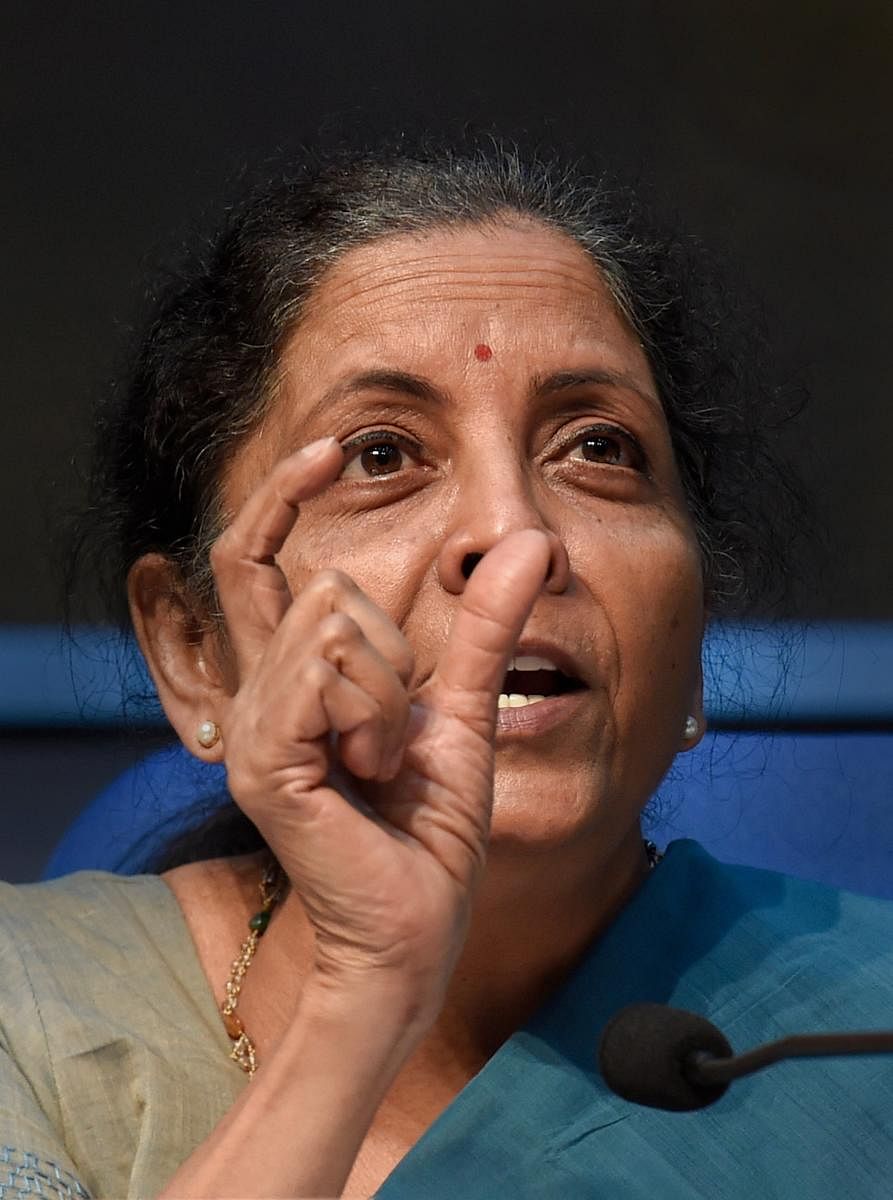 New Delhi: Union Finance Minister Nirmala Sitharaman gestures during a press conference to announce the fifth and final tranche of economic stimulus package, at the National Media Centre in New Delhi, Sunday, May 17, 2020. (PTI Photo/Atul Yadav) (PTI17-05