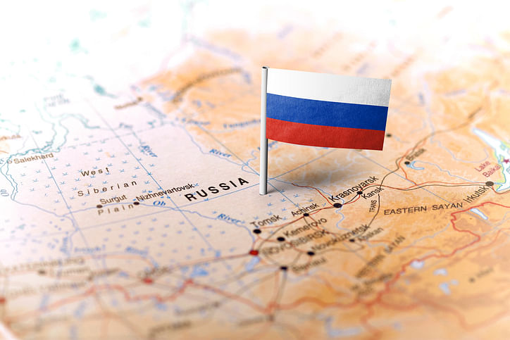 The flag of Russia pinned on the map (iStock Photo)