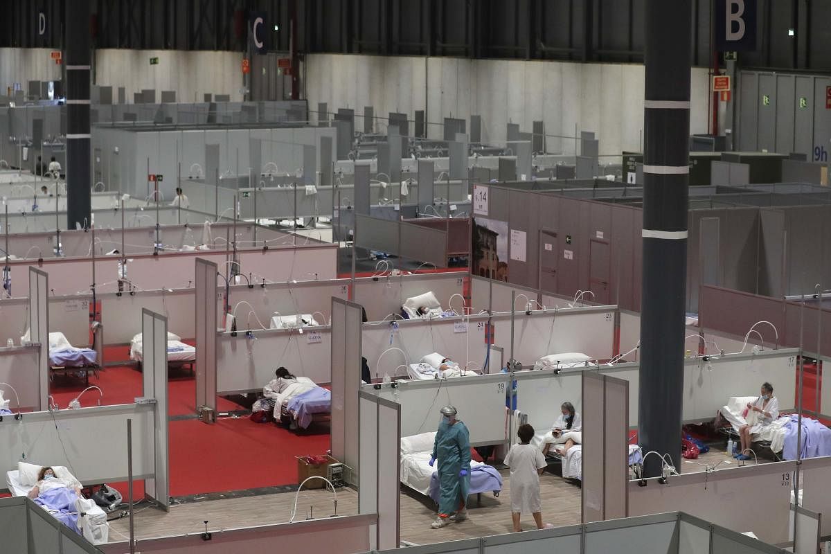 This photo taken on Thursday, April. 2, 2019 shows a general view of a temporary field hospital set at Ifema convention and exhibition in Madrid, Spain. Credit: AFP Photo