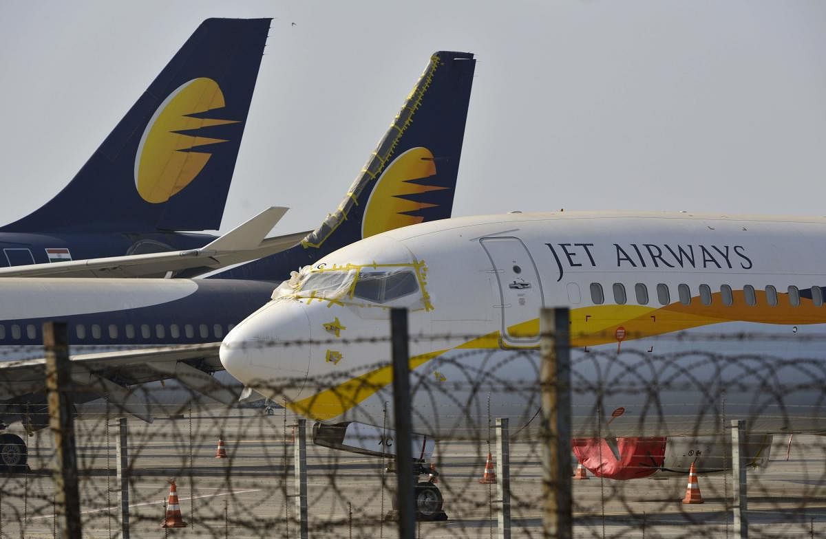 In this file photo taken on March 25, 2019, Jet Airways aircraft are seen parked on the tarmac at Chattrapati Shivaji International Airport in Mumbai. (AFP Photo)