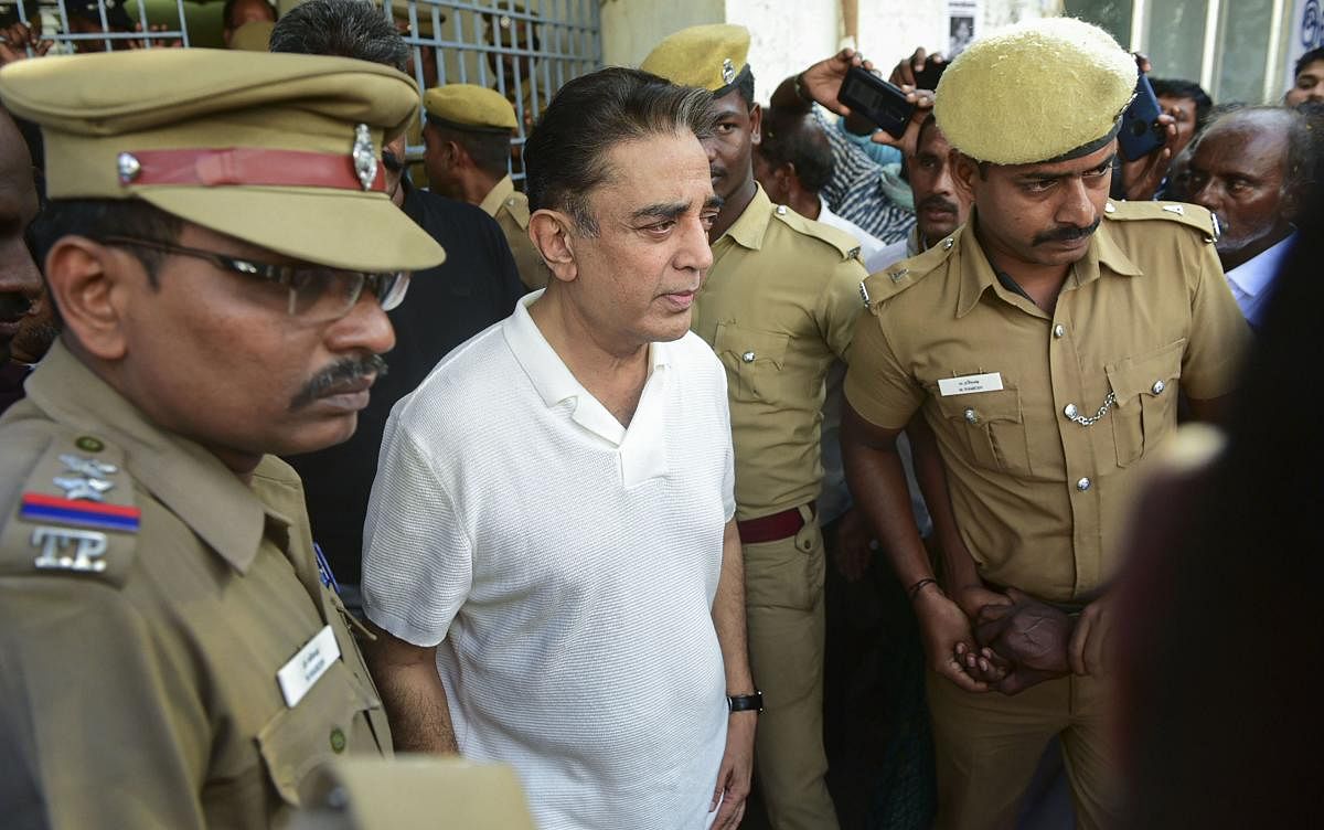 Actor-politician and Makkal Needhi Maiam founder Kamal Haasan comes out of a mortuary after paying homage to three of the victims, who died after a crane crashed on the sets of upcoming film ‘Indian 2’, in Chennai. PTI