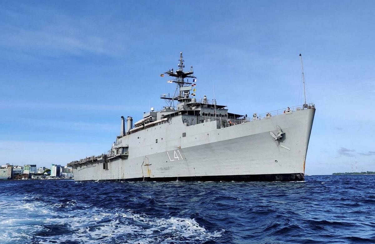  Indian Naval Ship Jalashwa cast off for Kochi carrying 588 stranded Indian nationals (PTI Photo)