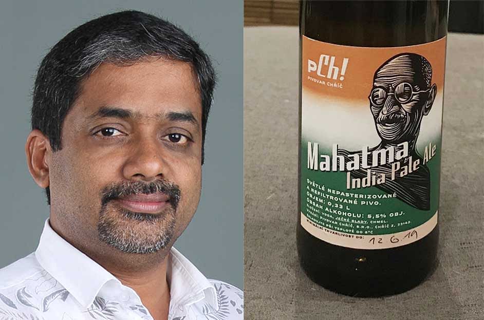 Mahatma Gandhi National Foundation chairman Eby J Jose and (R) a bottle of the Mahatma beer