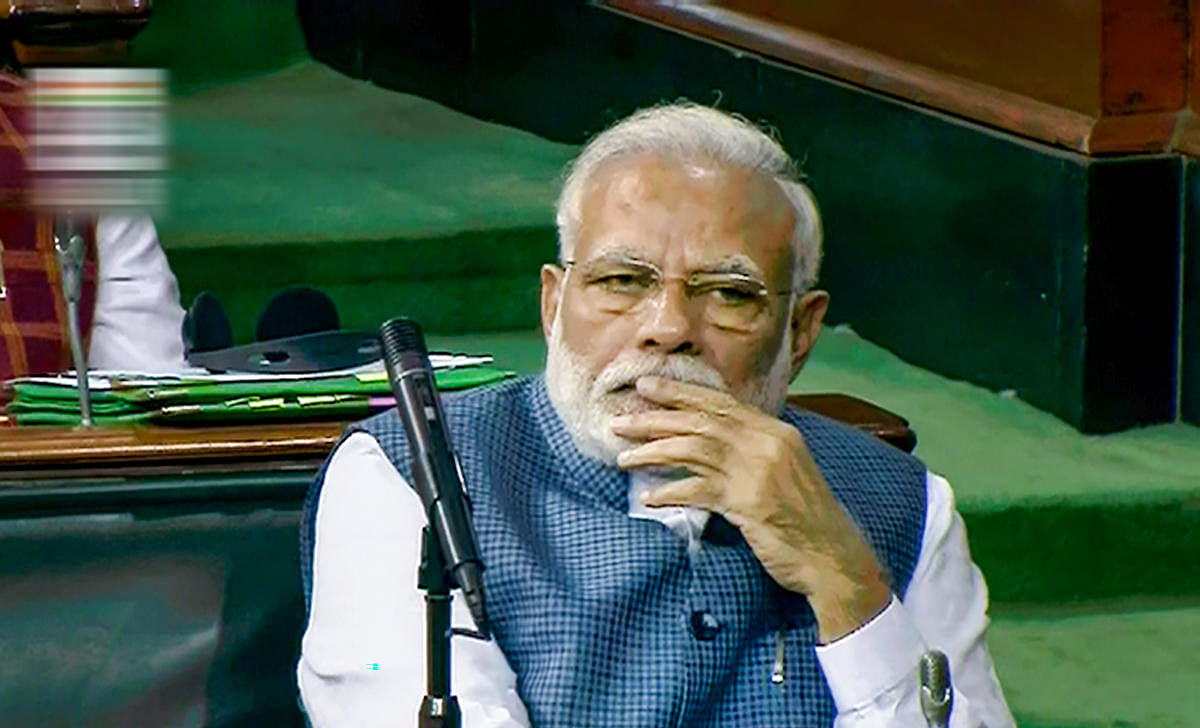 Prime Minister Narendra Modi in the Lok Sabha during the Budget Session of Parliament, in New Delhi, Tuesday, Feb. 11, 2020. (PTI Photo)