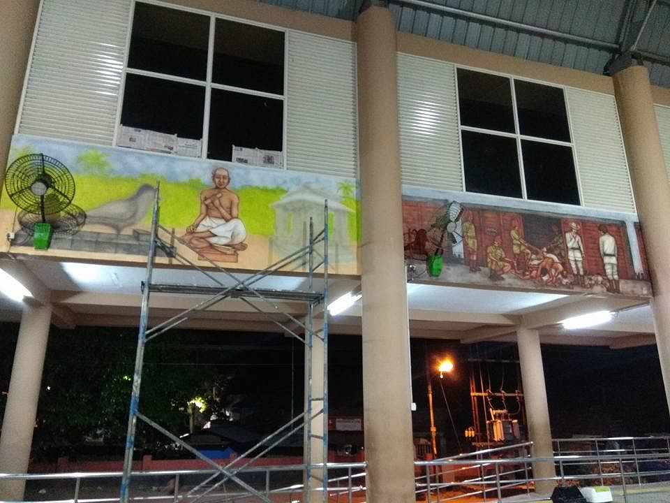 Murals of Thunchath Ezhuthachan, father of the Malayalam language and a depiction of the 'wagon tragedy' were painted on the walls of the station as decided by the divisional engineer of Palakkad division. (Image credit: Facebook/Prem Koolath)