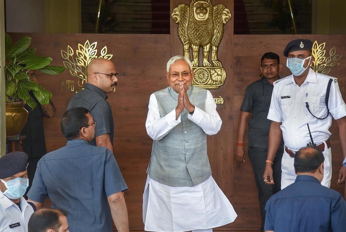 Bihar Chief Minister Nitish Kumar arrives during the ongoing budget session of Bihar Assembly, in Patna, Monday, March 16, 2020. (PTI Photo)