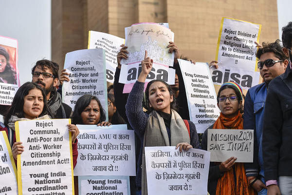 All India Students Association (AISA) members protest against CAA, at India Gate in New Delhi, Wednesday, Jan. 1, 2020. (PTI Photo/Ravi Choudhary)