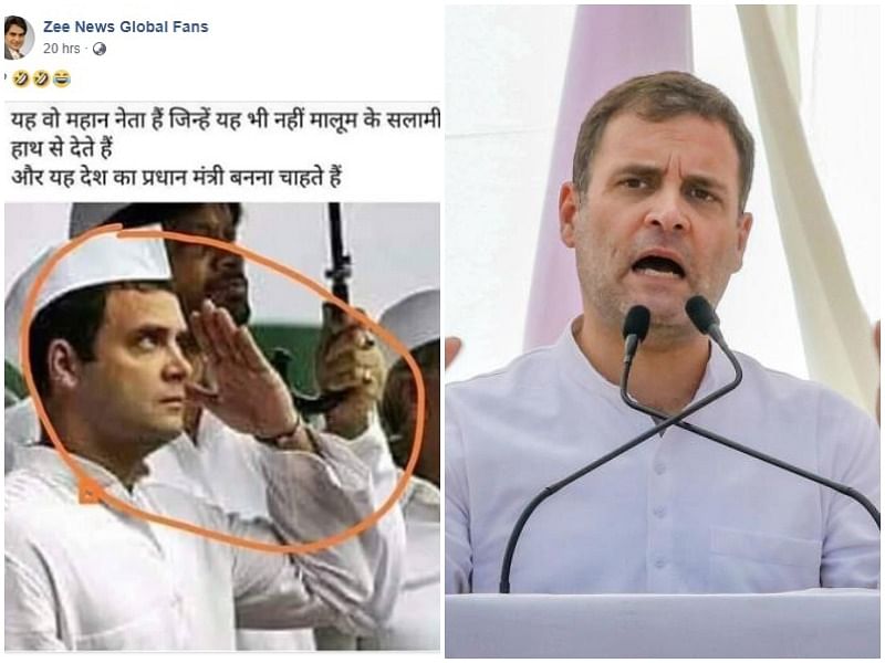 Morphed picture of Rahul Gandhi (left), Gandhi addressing a public meeting (Facebook/PTI) (right)