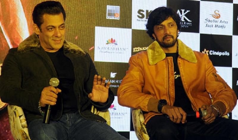 Salman Khan and Sudeep at a press meet. (DHNS Photo)