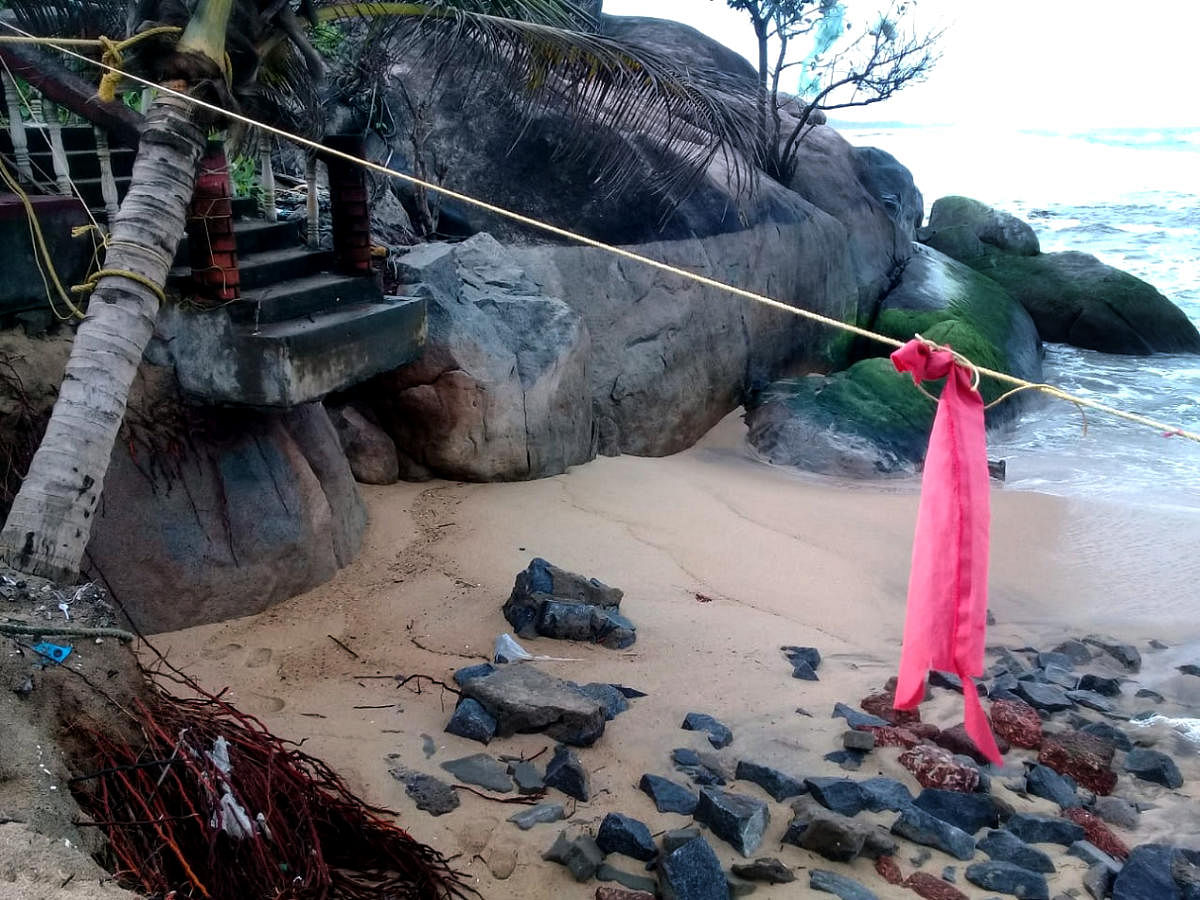 Steps leading to Someshwara temple was damaged in sea erosion at Someshwara.