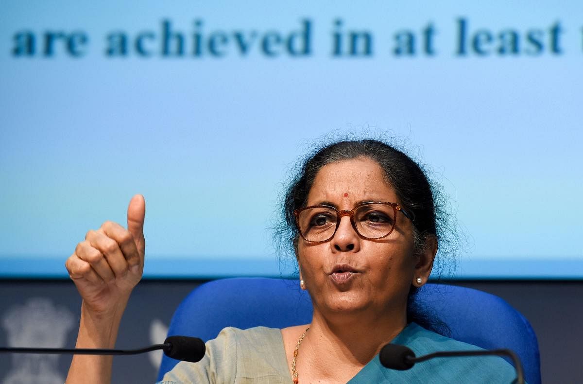 New Delhi: Union Finance Minister Nirmala Sitharaman addresses a press conference to announce the fifth and final tranche of economic stimulus package, at the National Media Centre in New Delhi, Sunday, May 17, 2020. (PTI Photo/Atul Yadav) (PTI17-05-2020_