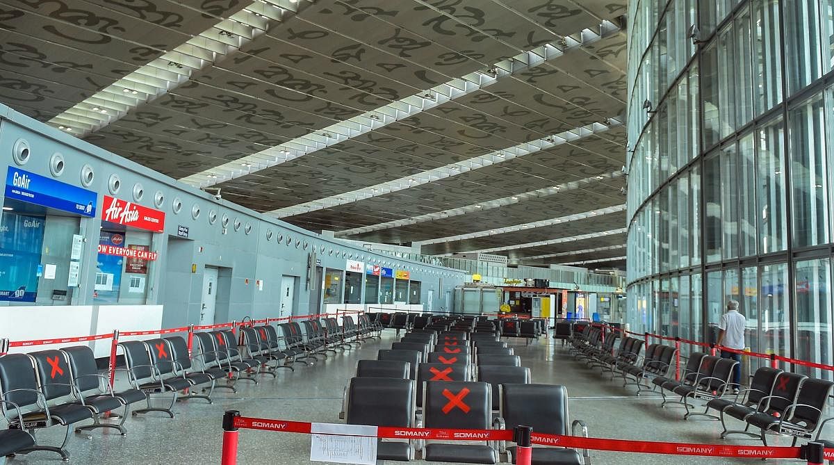 Special seating arrangement made at the NSCBI Airport to help maintain the social distancing norms, during ongoing COVID-19 lockdown, in Kolkata, Monday, May 18, 2020. The first repatriation flight to West Bengal under the Vande Bharat Mission landed at the airport on Monday as it brought from Bangladesh 169 people, including 16 in need of medical emergency treatment and a pregnant woman. (PTI Photo)