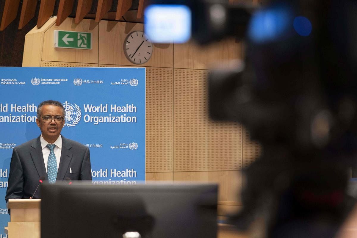 This handout image provided by the World Health Organization (WHO) on May 18, 2020, shows World Health Organization Director-General Tedros Adhanom Ghebreyesus delivering a speech during the opening of the World Health Assembly virtual meeting from the WH