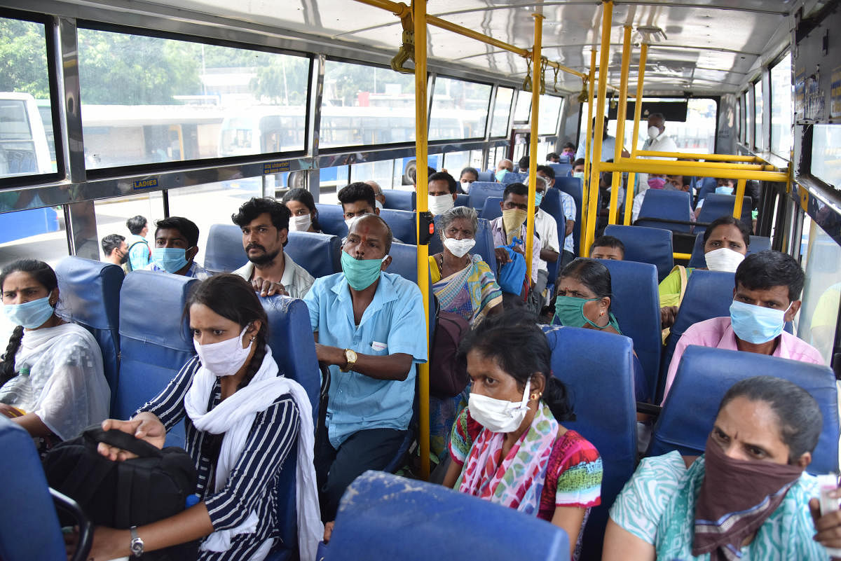 Efforts are on to maintain hygiene but social distancing in not easy to achieve in buses. DH Photo by Janardhan B K