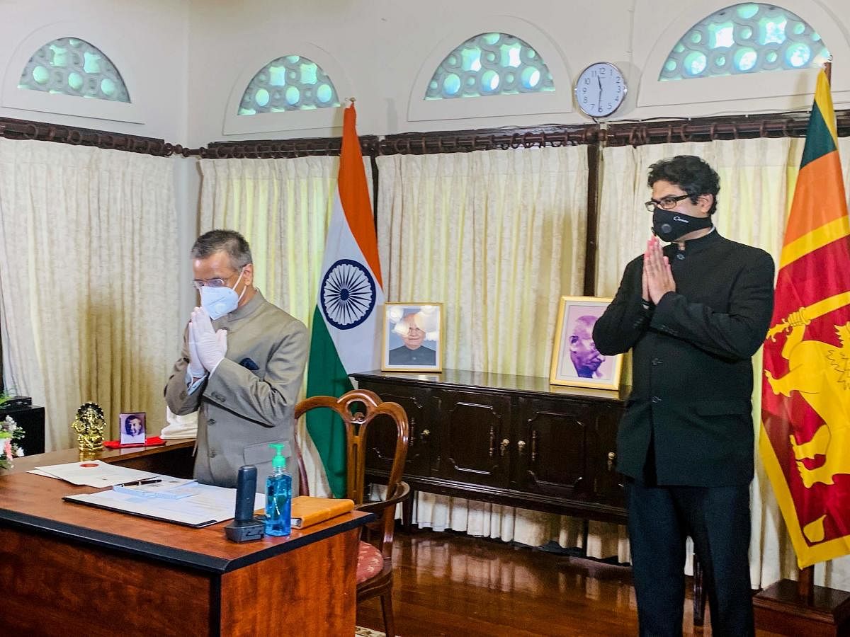 India's new envoy for High Commissioner Gopal Baglay (L) gestures as he meets with Sri Lanka's President Gotabaya Rajapaksa via a video conference (AFP Photo)