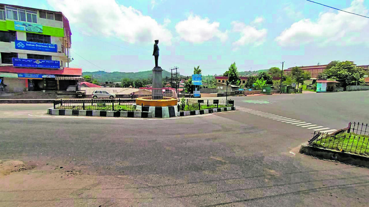 General Thimayya Circle in Madikeri wore a deserted look owing to complete lockdown.