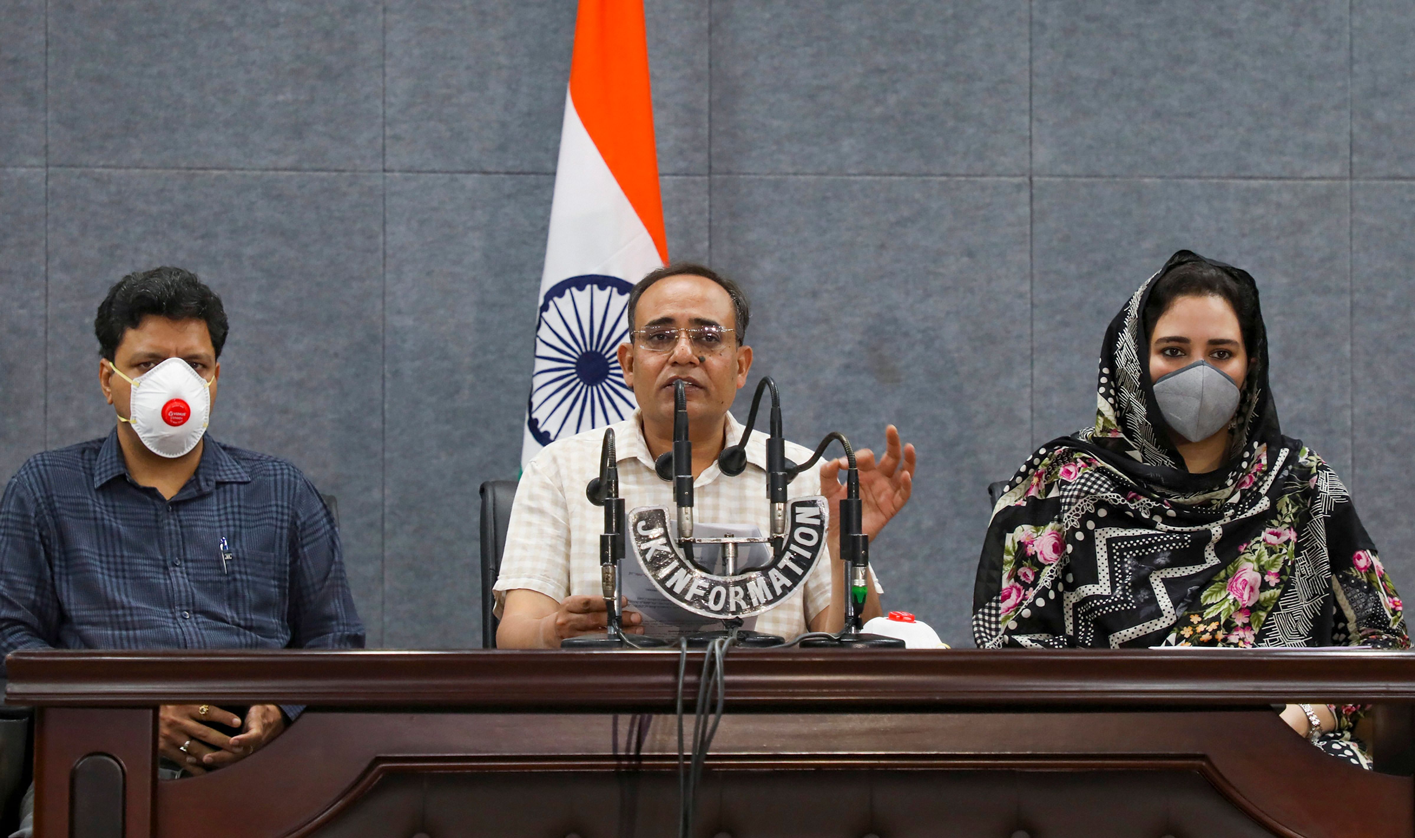 J&K Principal Secretary Planning and Information Rohit Kansal (C) addresses a press conference at Directorate of Information auditorium regarding the situation of coronavirus in UT, in Jammu, Monday, May 25, 2020. (PTI photo)