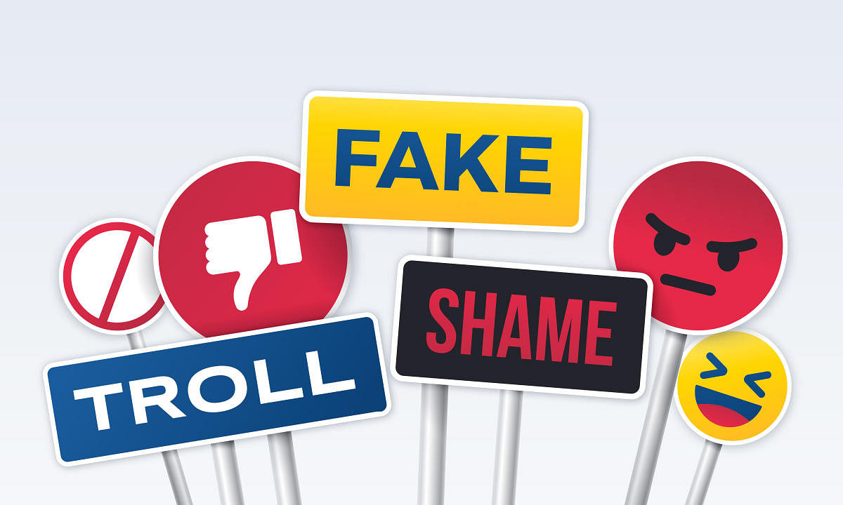 Social media trolling, fake, anger, bullying and scandal signs.Fake