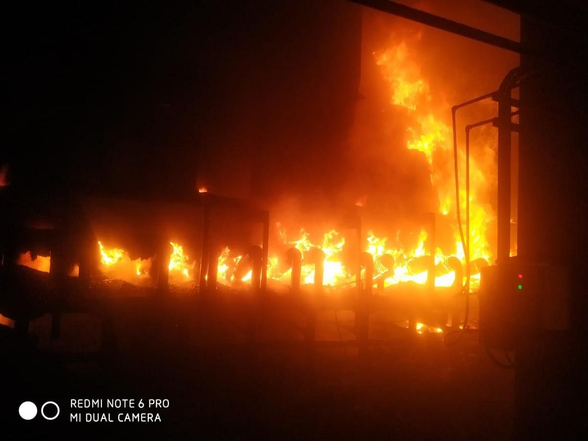 Flames engulf YTPS thermal plant at Chikkasugur in Raichur district, where a conveyor belt was gutted in an accidental fire on late on Sunday night.